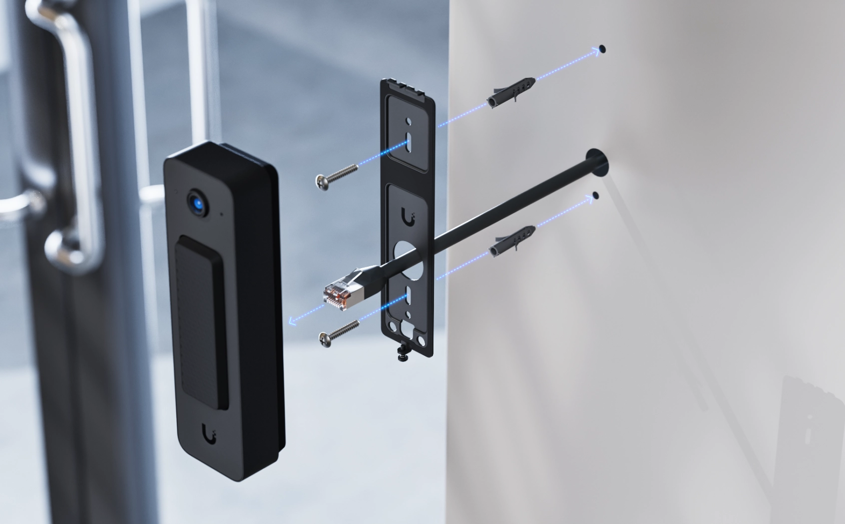 Ubiquiti Doorbell Lite w trakcie montażu na ścianie z podłączonym kablem RJ45