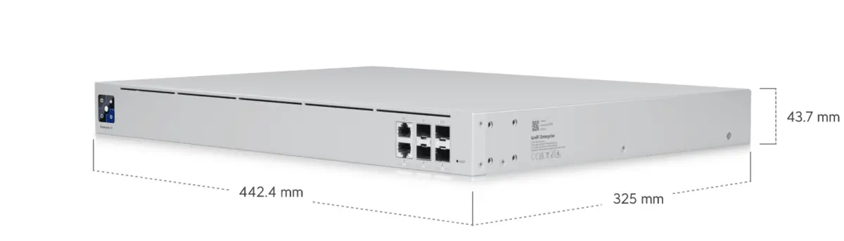 Wymiary urządzenia Ubiquiti UXG-Enterprise 442,4 mm szerokości, 325 mm głębokości oraz 43,7 mm wysokości