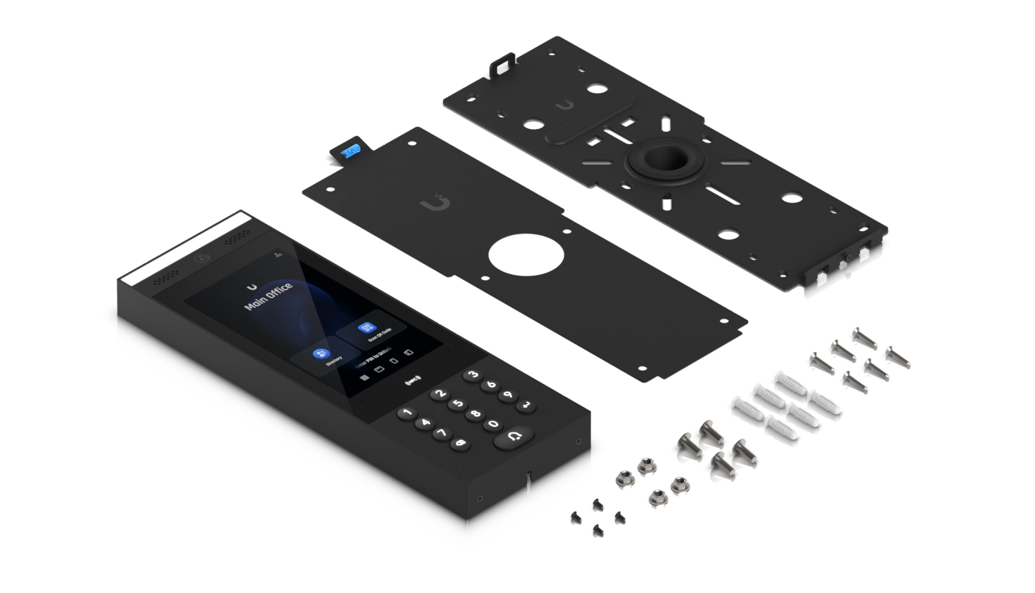 Ubiquiti UA-G3 Intercom w zestawie montażowym, z wyświetlaczem i widocznymi akcesoriami instalacyjnymi w komplecie