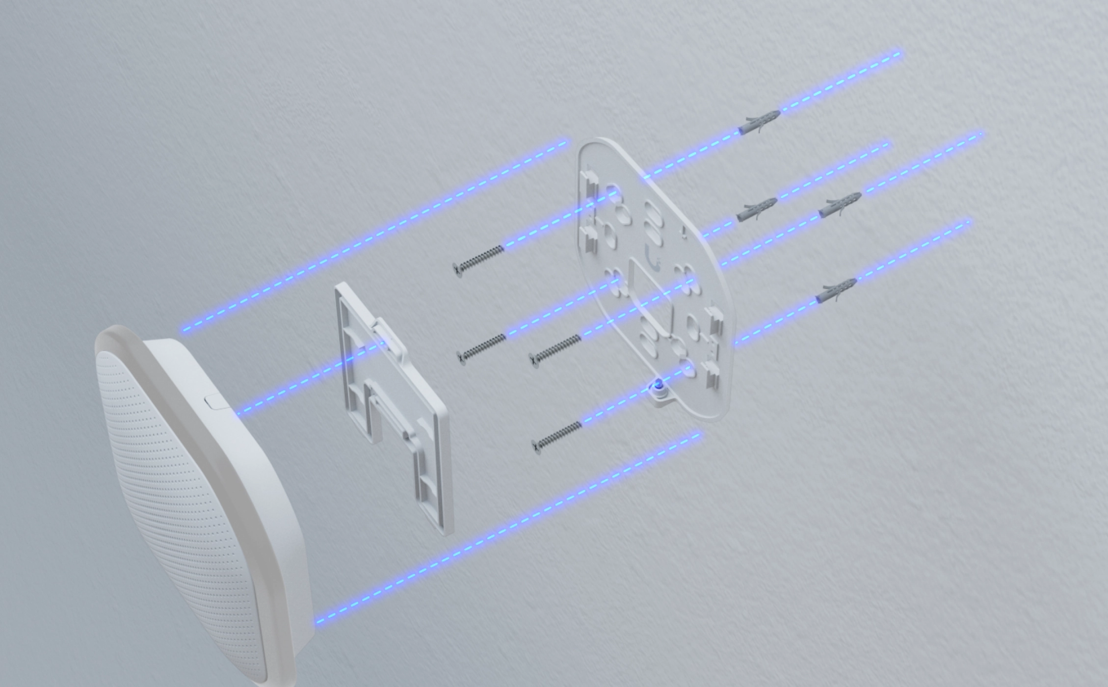 Eksplodowany widok montażowy Ubiquiti UP-Siren PoE z uchwytami, śrubami i płytą instalacyjną
