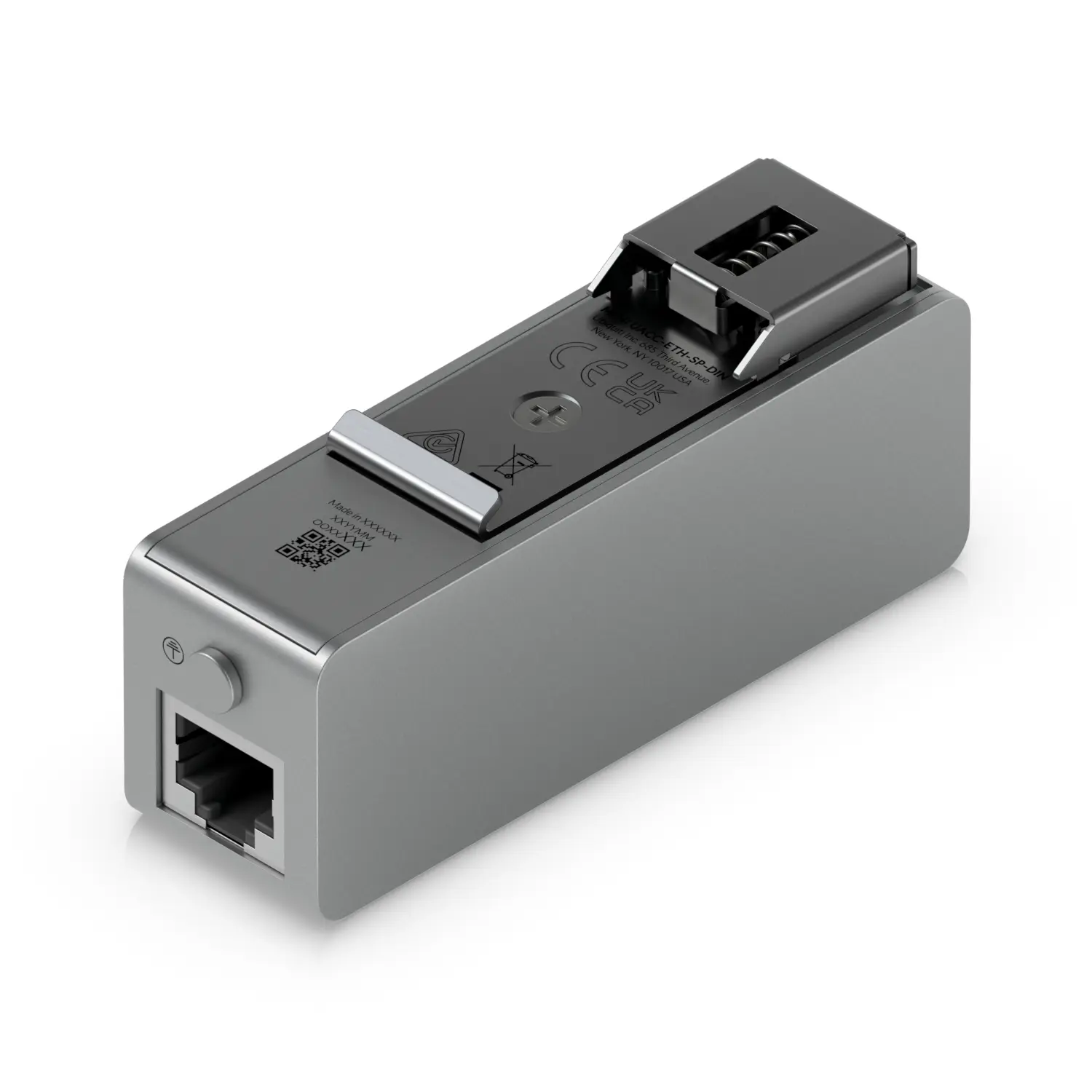 Moduł ochrony przeciwprzepięciowej Ubiquiti UACC-ETH-SP-DIN z widocznym portem RJ45 i zatrzaskiem montażowym