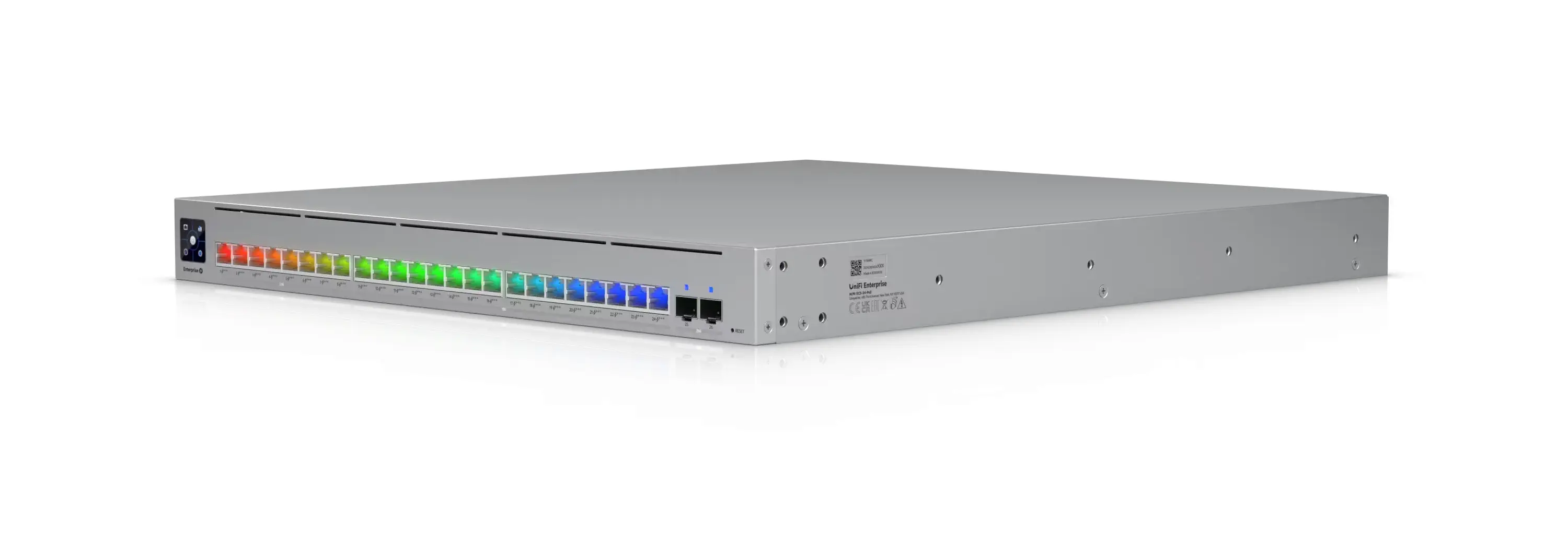 Widok z przodu przełącznika Ubiquiti Enterprise, prezentujący porty Ethernetowe z kolorowymi wskaźnikami LED