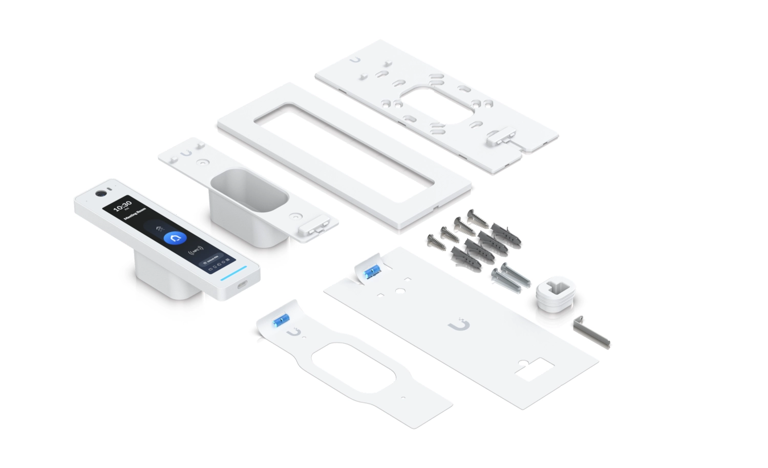Zestaw montażowy Ubiquiti UA-G3 Pro Intercom obejmuje uchwyty, wkręty oraz obudowę do instalacji na ścianie