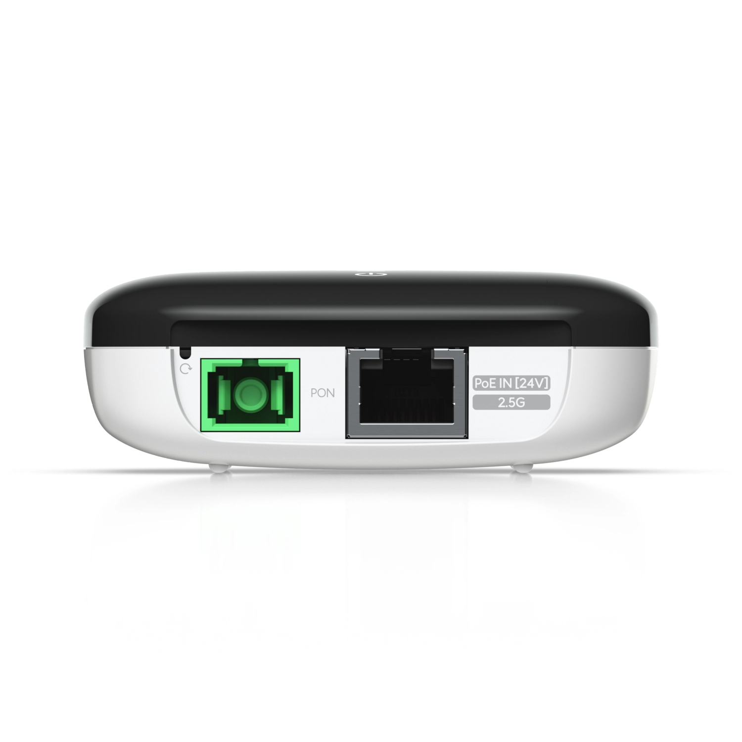 Urządzenie Ubiquiti Wave Fiber ONU z widokiem na porty. Widać port GPON (zielony) oraz port LAN 2,5 GbE/port PoE IN (24V), umożliwiający zasilanie urządzenia