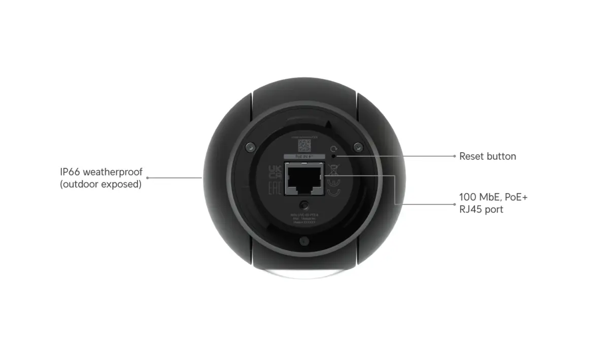 Widok od spodu kamery z portem RJ45 i przyciskiem reset