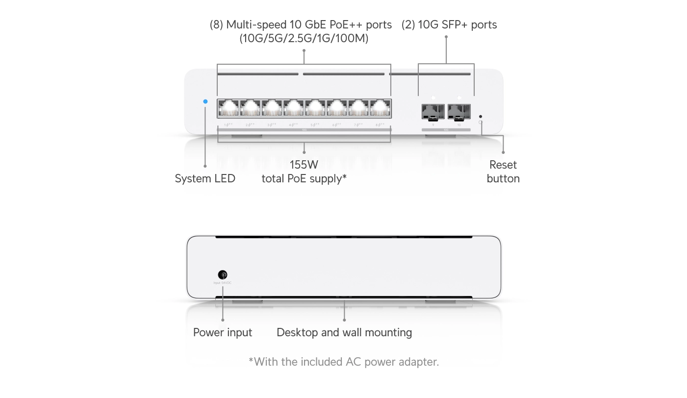 Ubiquiti USW-Pro-XG-8-PoE | Switch | Etherlighting, 8x RJ45 10GbE PoE, 2x SFP+, 155W, Layer 3 miniatura 3