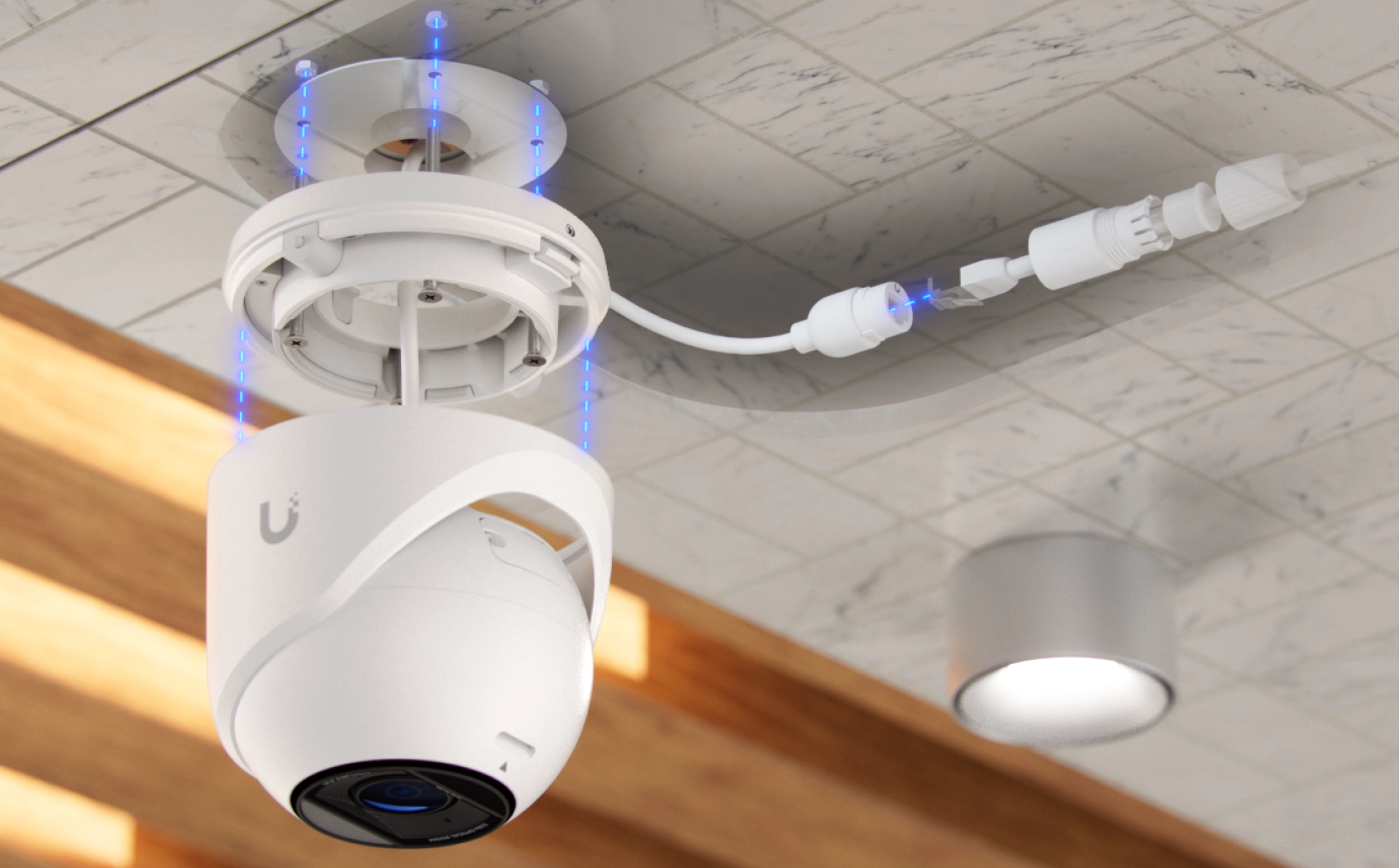 Montaż sufitowy kamery Ubiquiti G6 Pro Turret z podłączeniem PoE i maskownicą