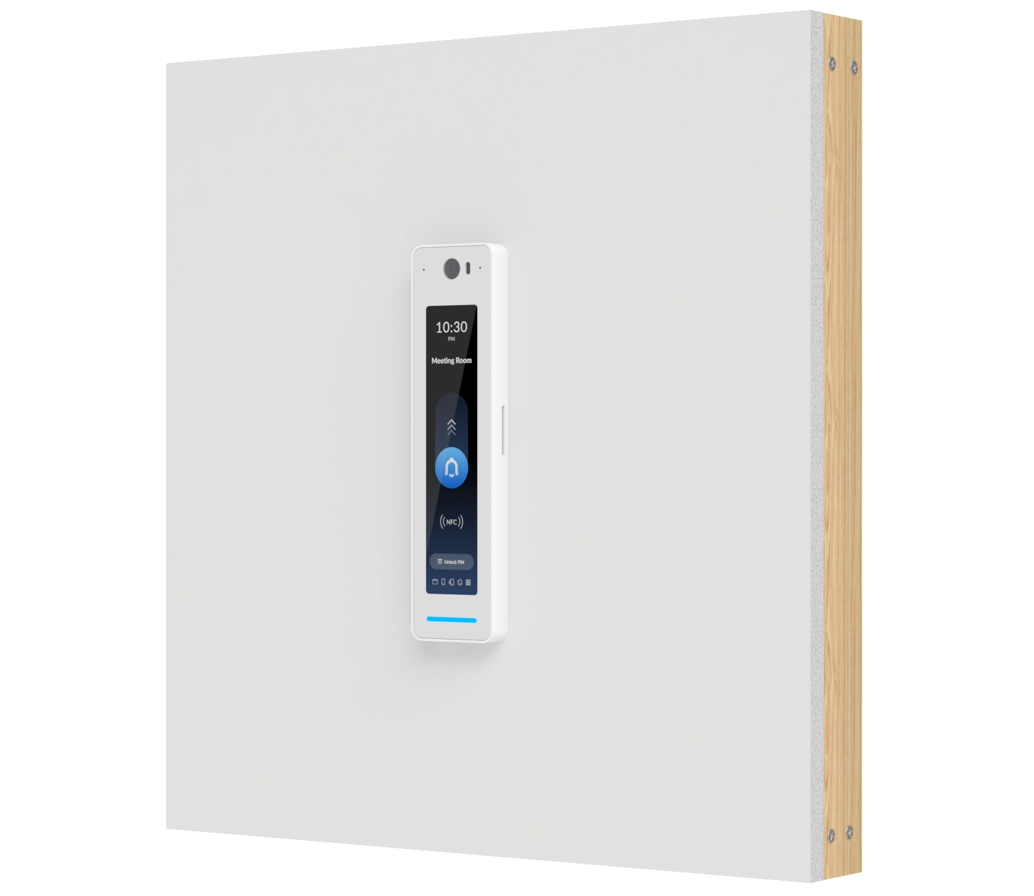 Ubiquiti UA-G3 Pro Intercom zamontowany na białej ścianie, wyświetlający godzinę i nazwę 