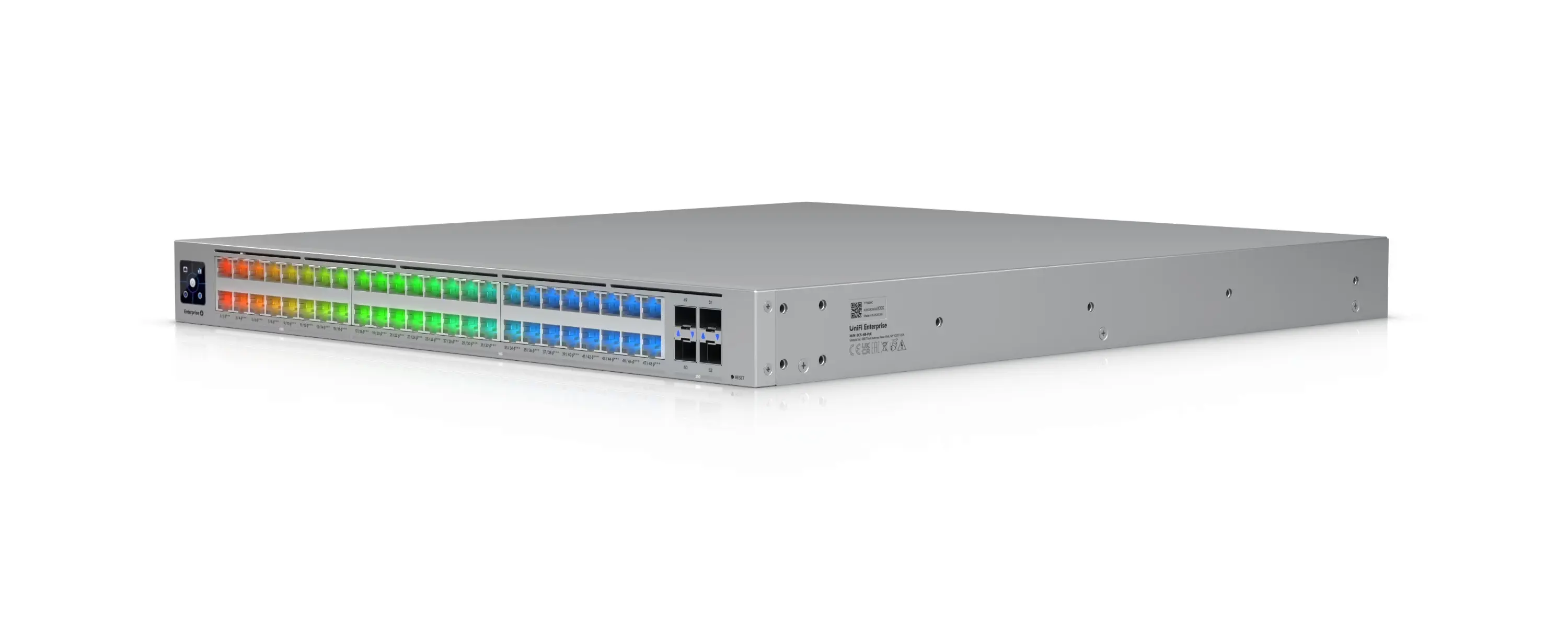 Przełącznik z 48 portami RJ45 i 4 portami SFP28, diodami LED wskazującymi status portów