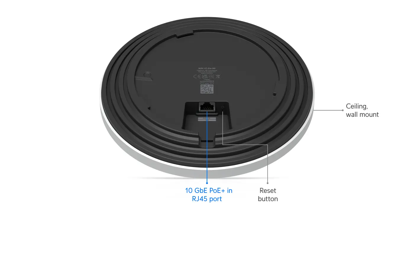 Tył Ubiquiti U7 Pro XG z portem RJ45 10 GbE PoE+, przyciskiem reset i uchwytem do montażu na suficie lub ścianie