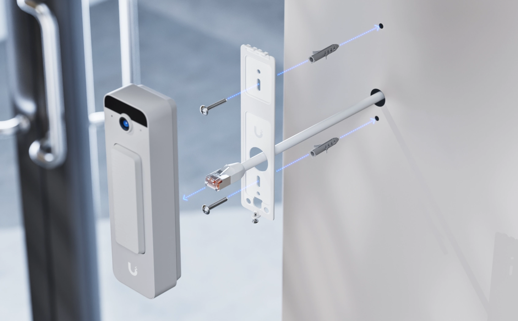 Ubiquiti Doorbell Lite w trakcie montażu na ścianie z podłączonym kablem RJ45