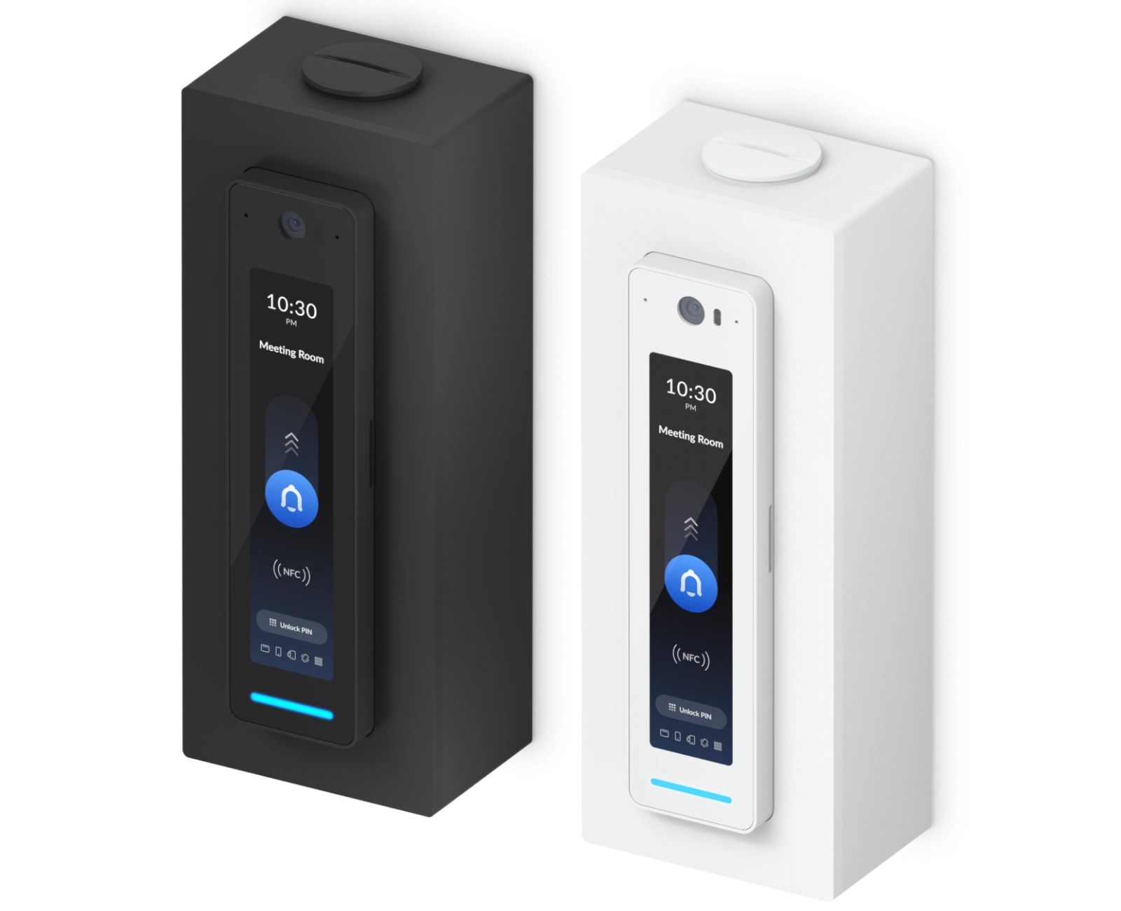 Ubiquiti UA-G3 Pro Intercom w czarnym i białym wariancie, obok elementów montażowych