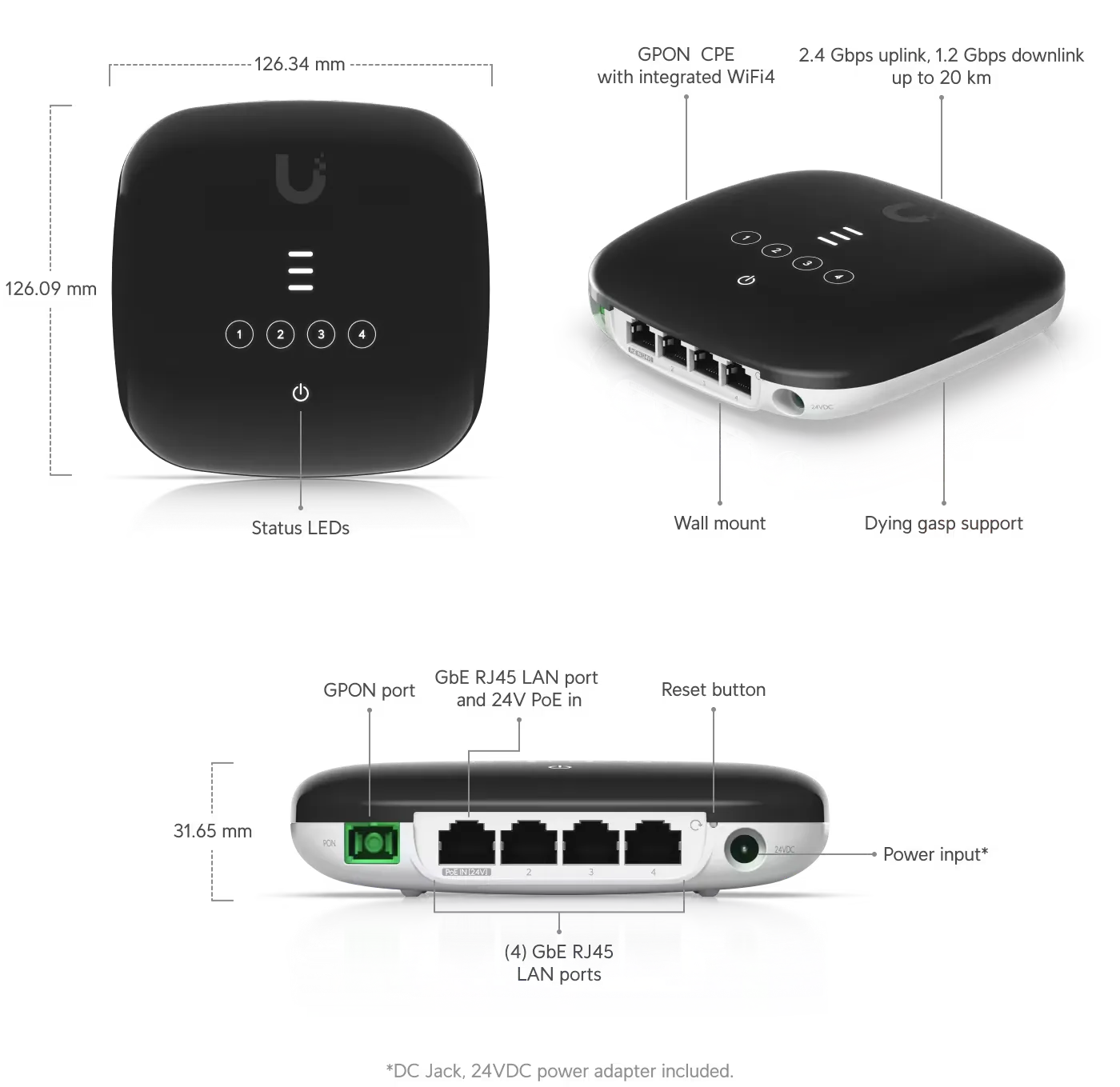 Ubiquiti UF-WIFI | ONT | UFiber, WiFi 300Mb/s, 1x GPON, 4x RJ45 1000Mb/s miniatura 2