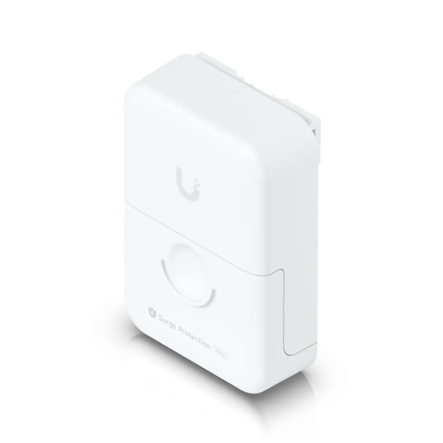 Moduł ochrony przeciwprzepięciowej Ubiquiti UACC-ETH-SP-Pro w białej obudowie z logo U i oznaczeniem Surge Protection 20kA